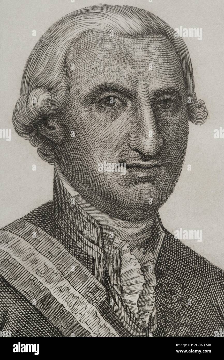 Carlo IV (1748-1819). Re di Spagna (1788-1808). Dinastia borbonica. Verticale. Illustrazione di Antonio Gómez. Incisione di Domingo Martínez. Historia del Levantamiento, guerra y Revolución de España della Conde de Toreno. Madrid, 1851. Foto Stock