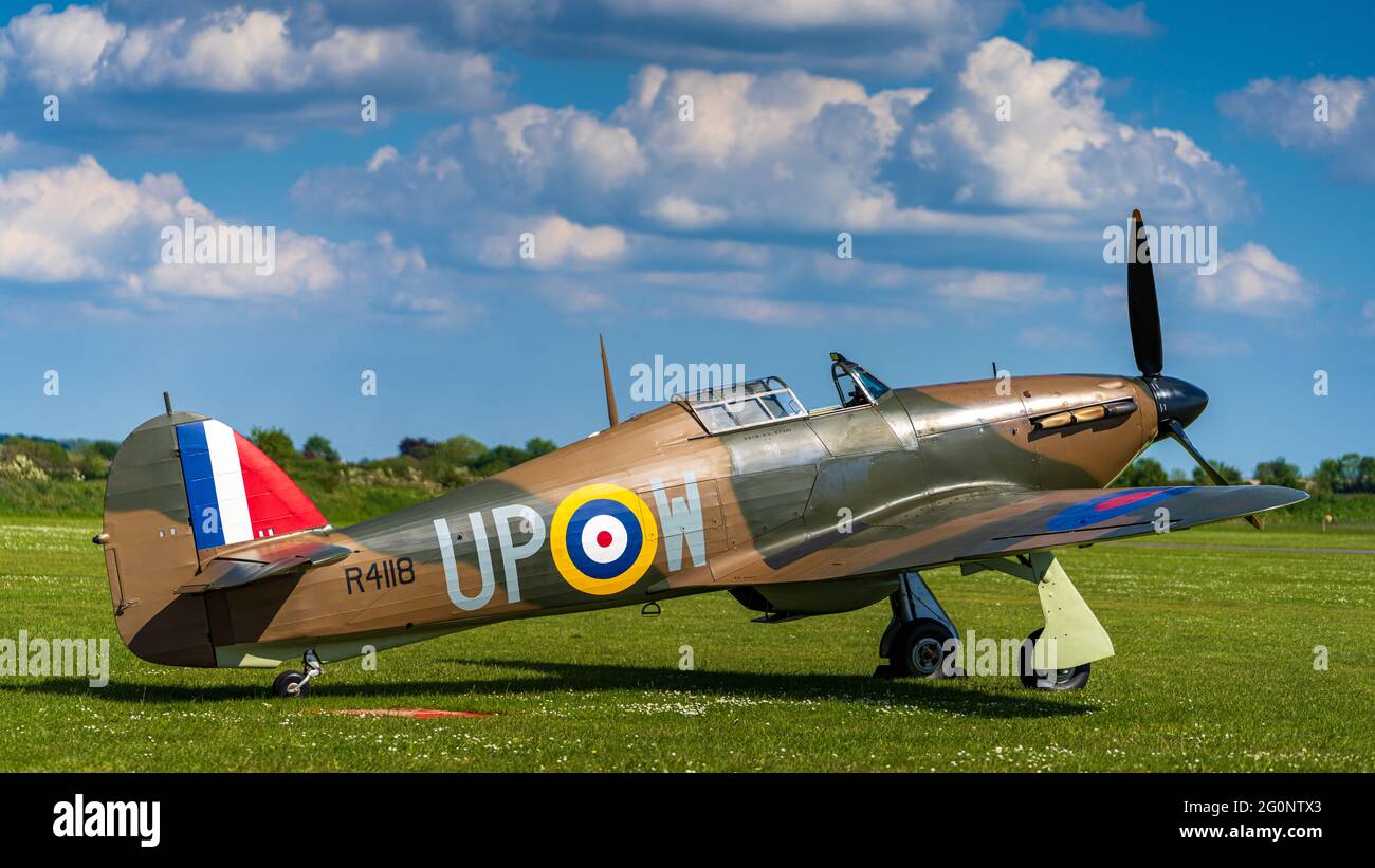 Hawker Hurricane Mk 1 R4118 - l'unico uragano RAF sopravvissuto dalla battaglia della Gran Bretagna della seconda guerra mondiale. Costruito nel 1940, trovato in India, ritornò nel Regno Unito nel 2001 Foto Stock