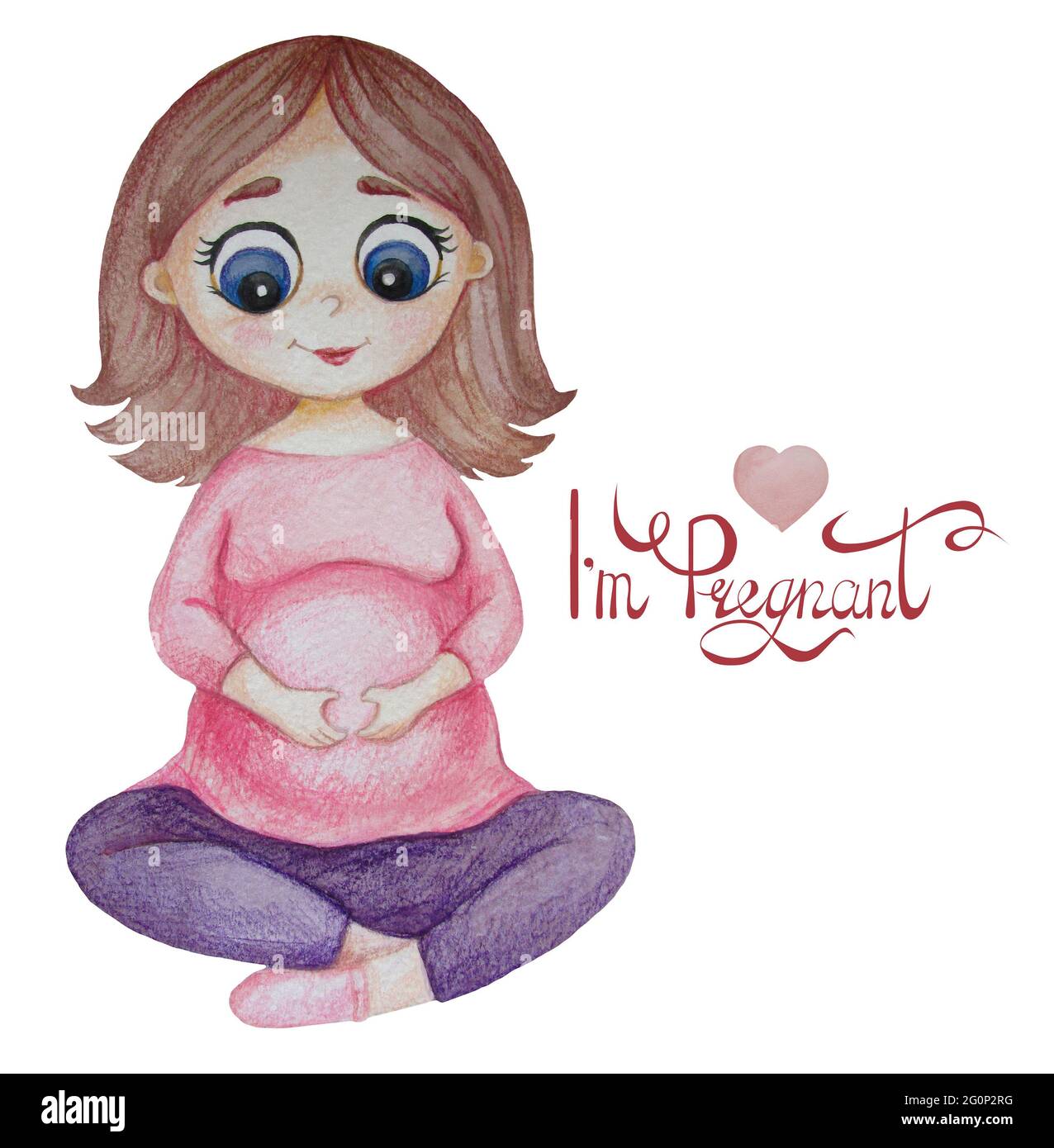 Cute donna incinta felice con i capelli in rosa seduta e facendo yoga con le mani sul suo stomaco a forma di cuore. Sfondo bianco con la scritta in Foto Stock