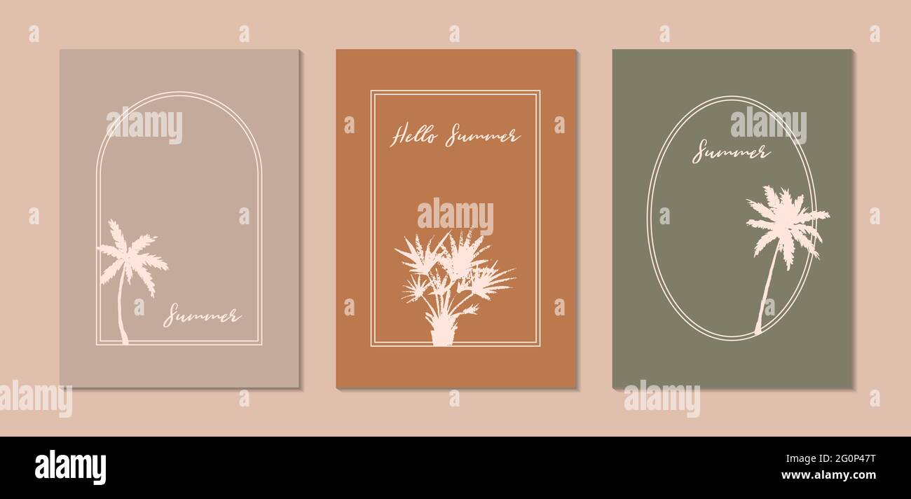 Set di moderni design estivi con palme disegnate a mano. Illustrazione vettoriale Illustrazione Vettoriale
