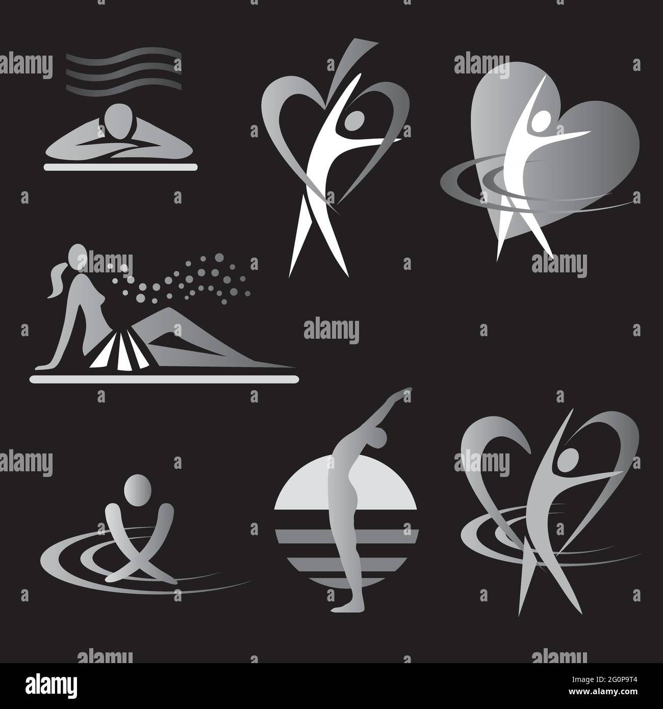 Salute, spa, sauna, icone. Simboli con attività di fitness e di stile di vita sano. Vettore disponibile. Illustrazione Vettoriale