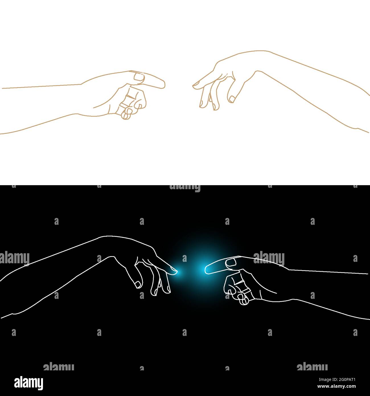 Michelangelos Adamo e Dio interpretazione delle mani, indice dita che si toccano, uomo e donna che collegano le mani, vettore illustrazione di contorno Illustrazione Vettoriale
