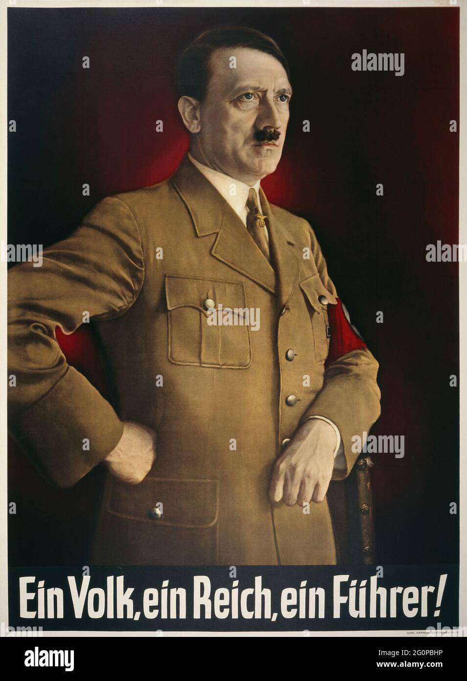 Un poster di propaganda nazista d'epoca con un ritratto di Hitler e lo slogan One People, One state, One leader (Ein Volk, Ein Reich, Ein Führer) Foto Stock