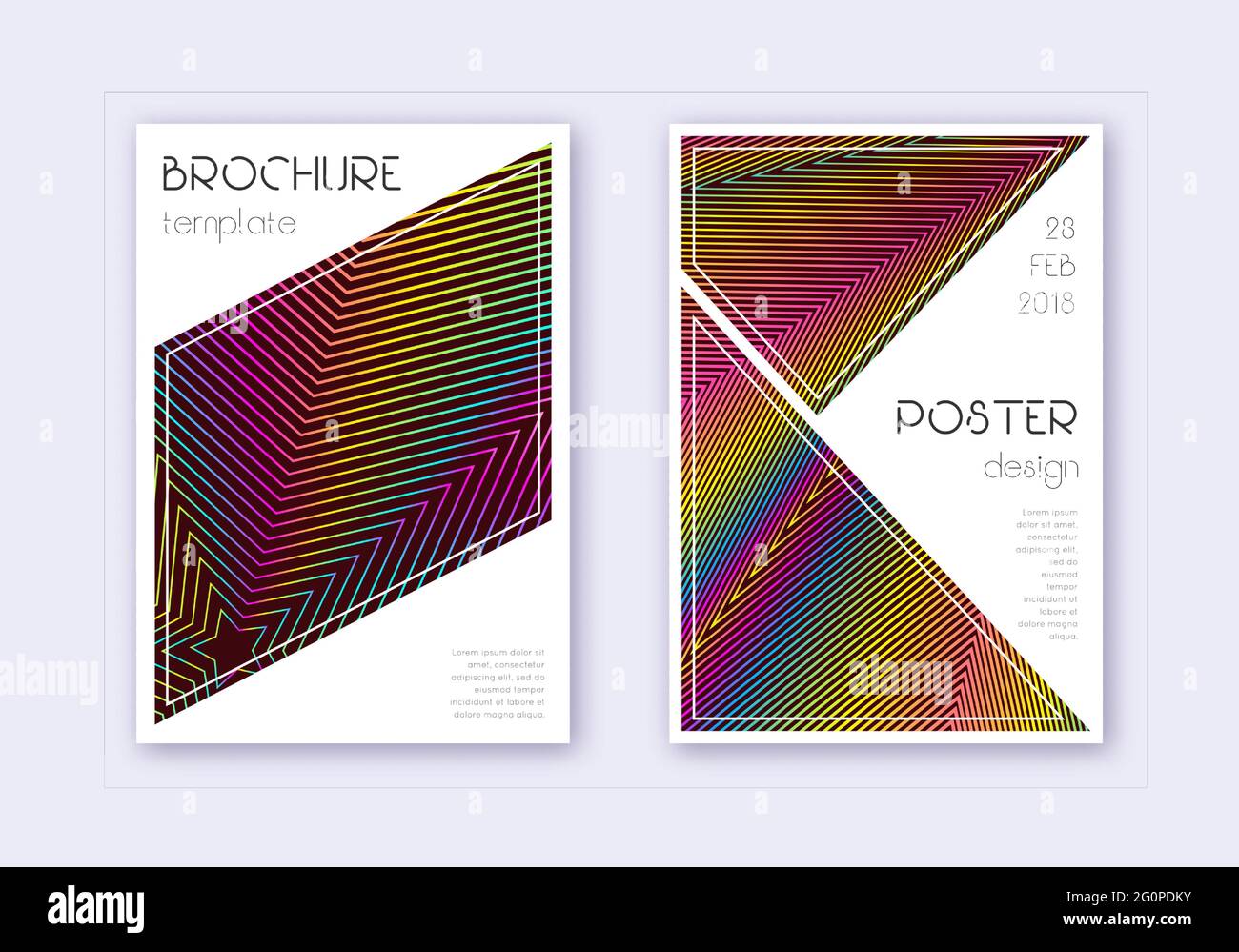 Set di modelli per il design della copertina triangolare. Arcobaleno linee astratte su sfondo rosso vino. Design della copertina fantasioso. Sorprendente catalogo, poster, modello di libro Illustrazione Vettoriale