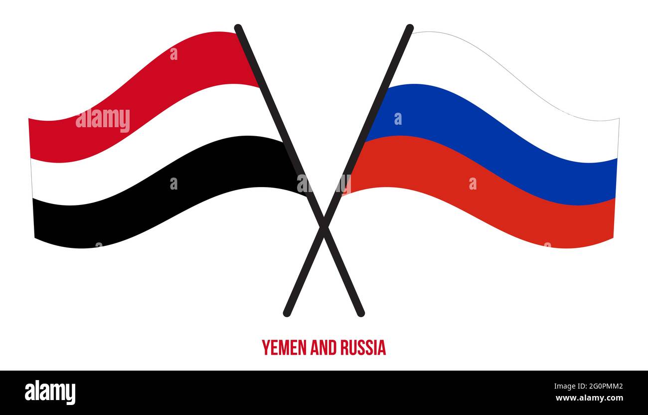 Yemen e Russia Bandiere incrociate e ondulate stile piatto. Proporzione ufficiale. Colori corretti. Illustrazione Vettoriale