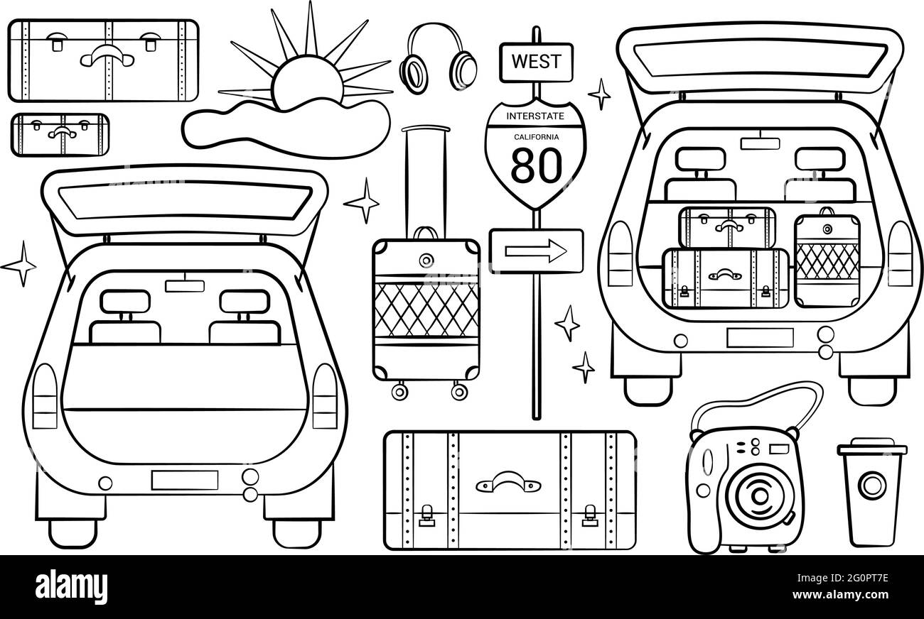 Viaggio automatico su strada. Set di elementi di design da viaggio per il doodle. Doodles per viaggi su strada disegnati a mano, perfetti per vacanze e viaggi volantini e poster. Illustrazione Vettoriale