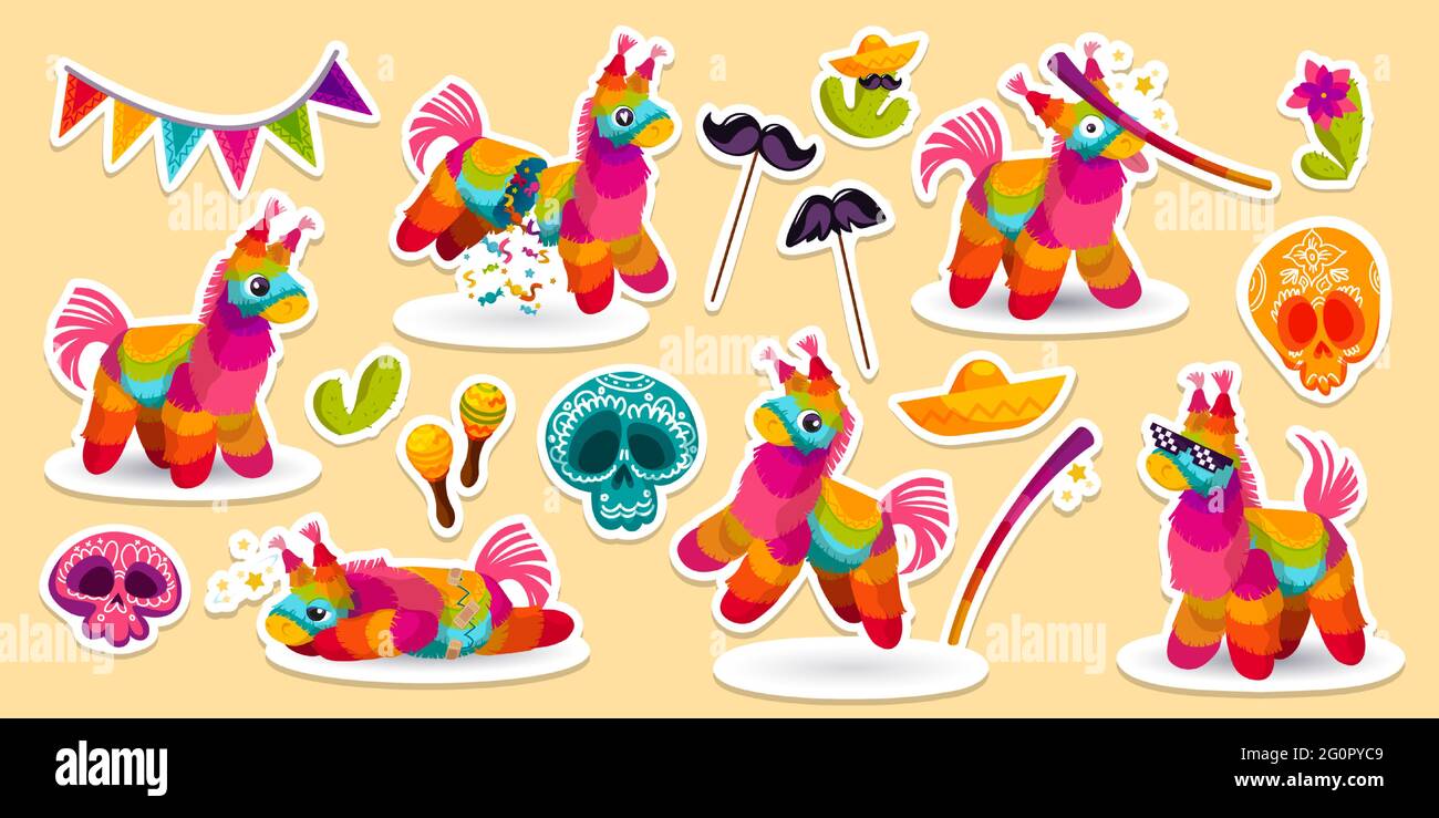 Set di adesivi messicano asino pinata, bat, teschi di zucchero e sombrero con maracas o cactus. Giocattoli colorati con delizie, baffi su bastone con bandiera garland, dia de los Muertos Cartoon vetector patch Illustrazione Vettoriale