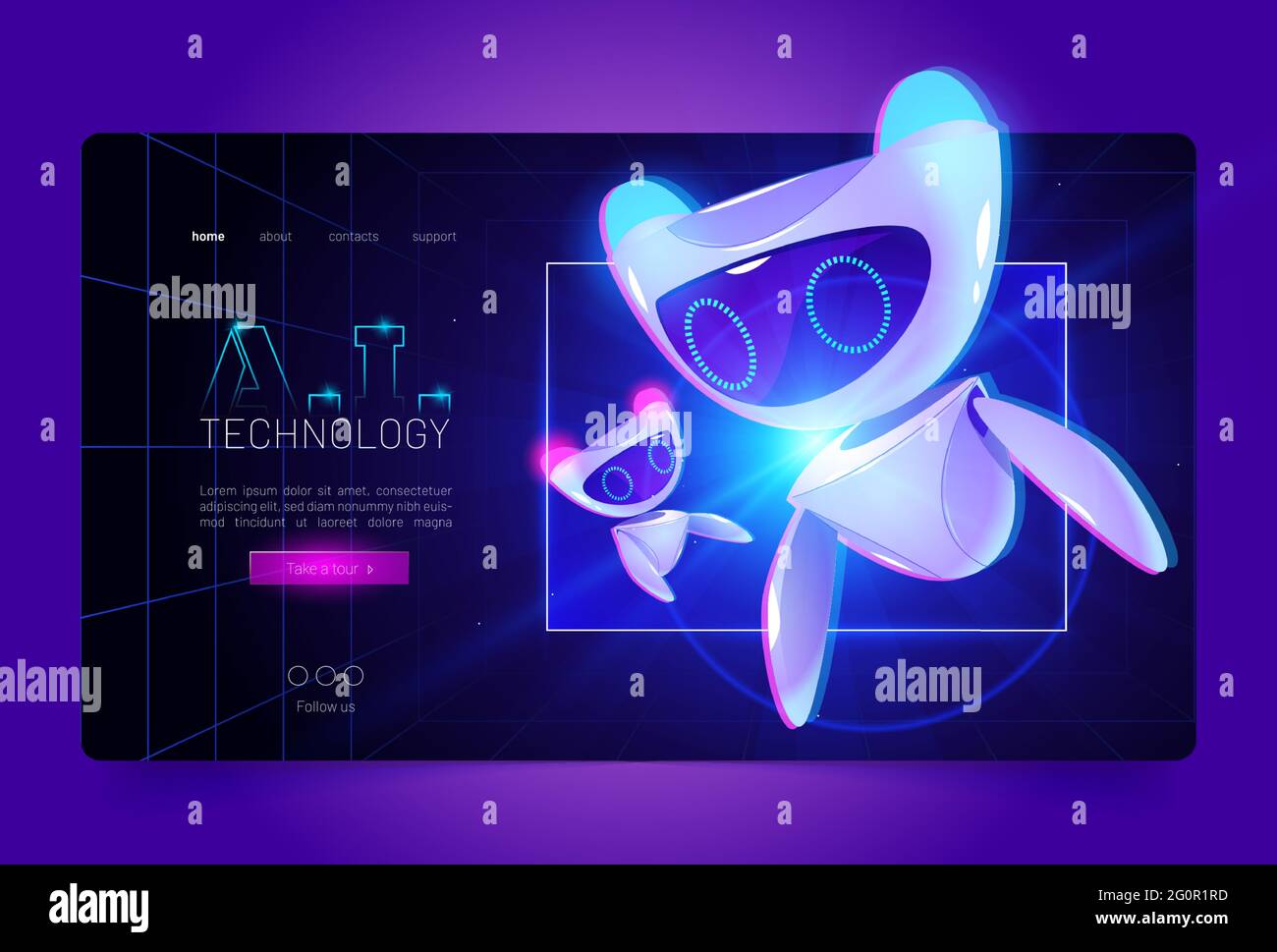Tecnologia cartoni animati web banner, robot di intelligenza artificiale al neon incandescente hud sfondo tecnologico con simbolo infinito. Futuristico ai cyborg droid, robotica e automazione landing page vettoriale Illustrazione Vettoriale