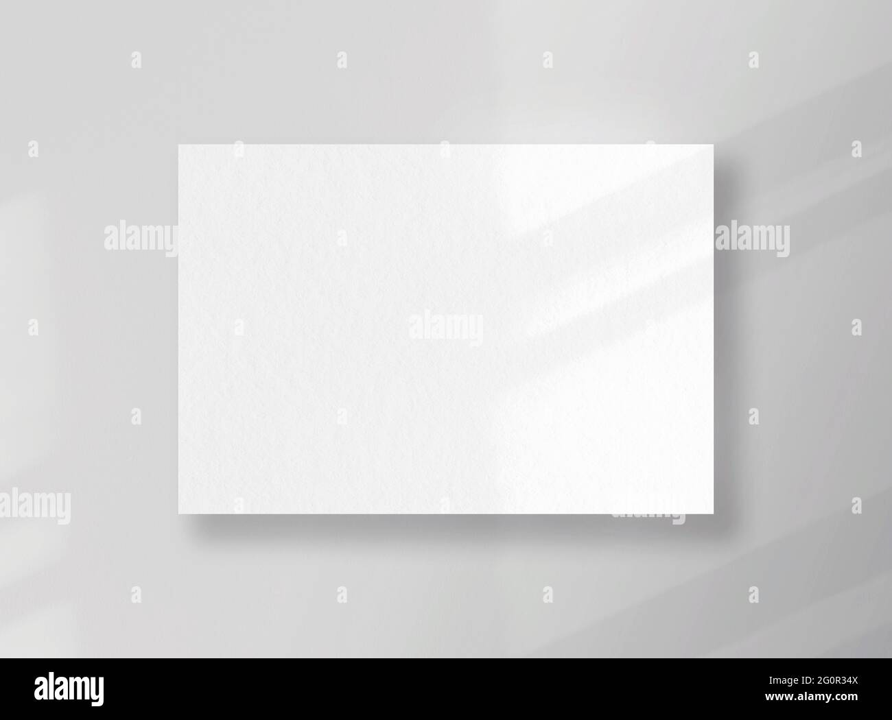 Scheda quadrata vuota, foglio come mockup con ombre assolate su superficie grigia Foto Stock