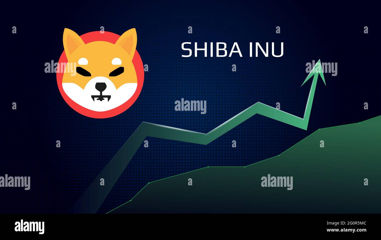 Shiba Inu SHIB in aumento di tendenza e prezzo. Simbolo della moneta criptata e freccia verde su. Uniswap vola sulla luna. Foto Stock