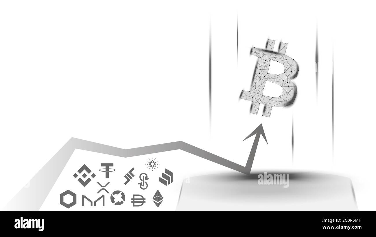 Illustrazione vettoriale di un concetto del vantaggio di Bitcoin su altcoins su sfondo bianco. BTC ha superato tutte le monete e sta crescendo. Foto Stock