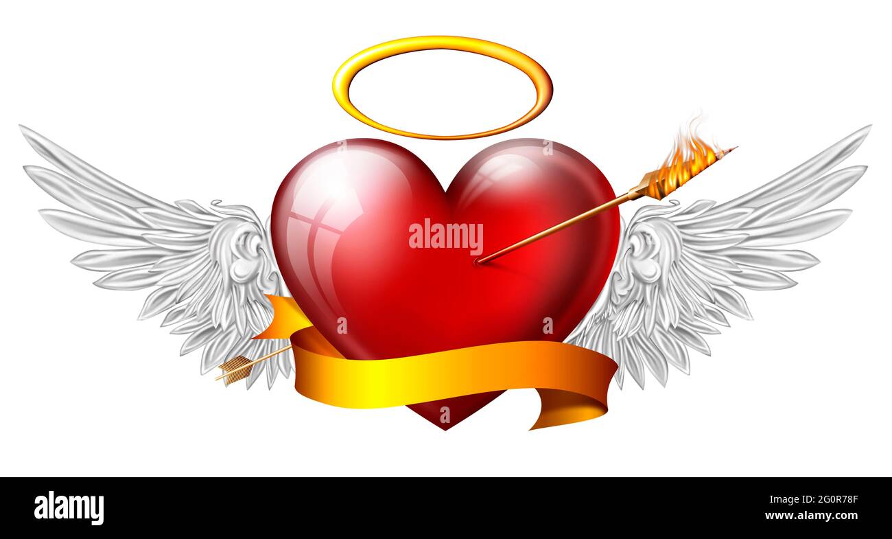 Angelo rosso hart con ali e Oriol su sfondo bianco Foto Stock