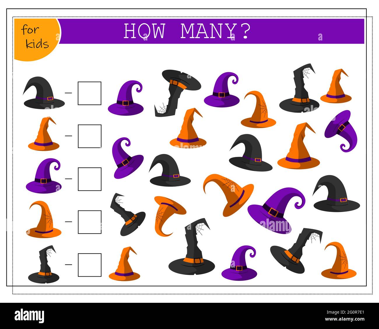 math game per bambini, cappelli strega, halloween. vettore isolato su sfondo bianco Illustrazione Vettoriale