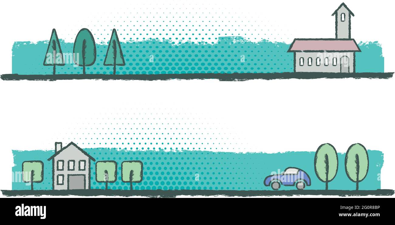 Due illustrazioni di formato orizzontale. Nella prima illustrazione c'è una chiesa. In un'altra illustrazione, una macchina che si avvicina ad una casa staccata. Illustrazione Vettoriale