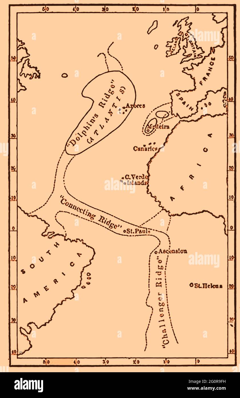 Una mappa supposta della posizione di Atlantis (da 'UN po' di Atlantide' di D Erskine (nome di John Stuart Buchan 1852-1927) pubblicato 1900 - Dolphin's Ridge è ora chiamato il Mid-Atlantic Ridge. Foto Stock