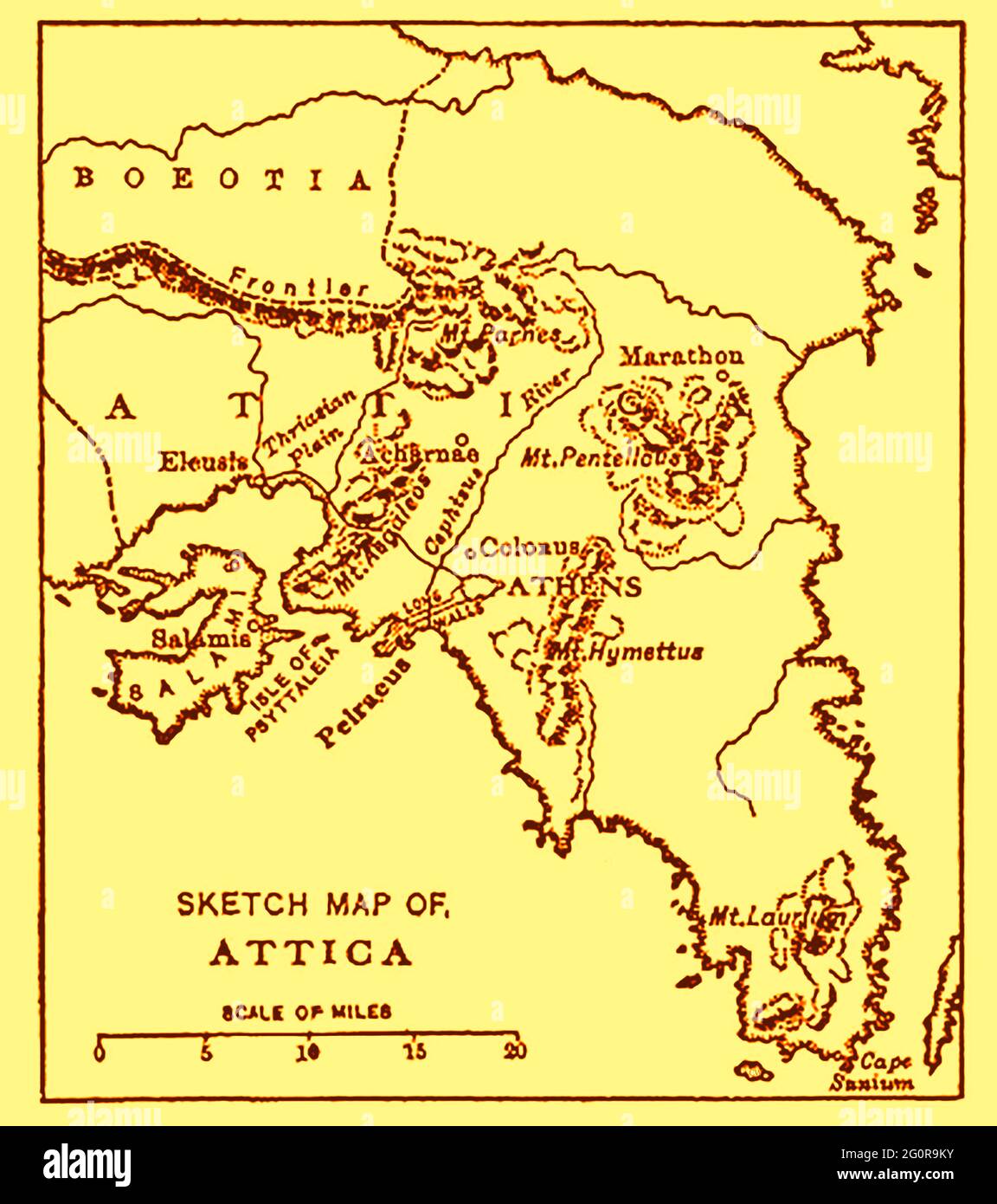 Una vecchia mappa di Attica (nota anche come atica, Αττική, Attikḗ, Attikī́ e la penisola Attica) come nel 1914 con distanza in miglia inglesi Foto Stock