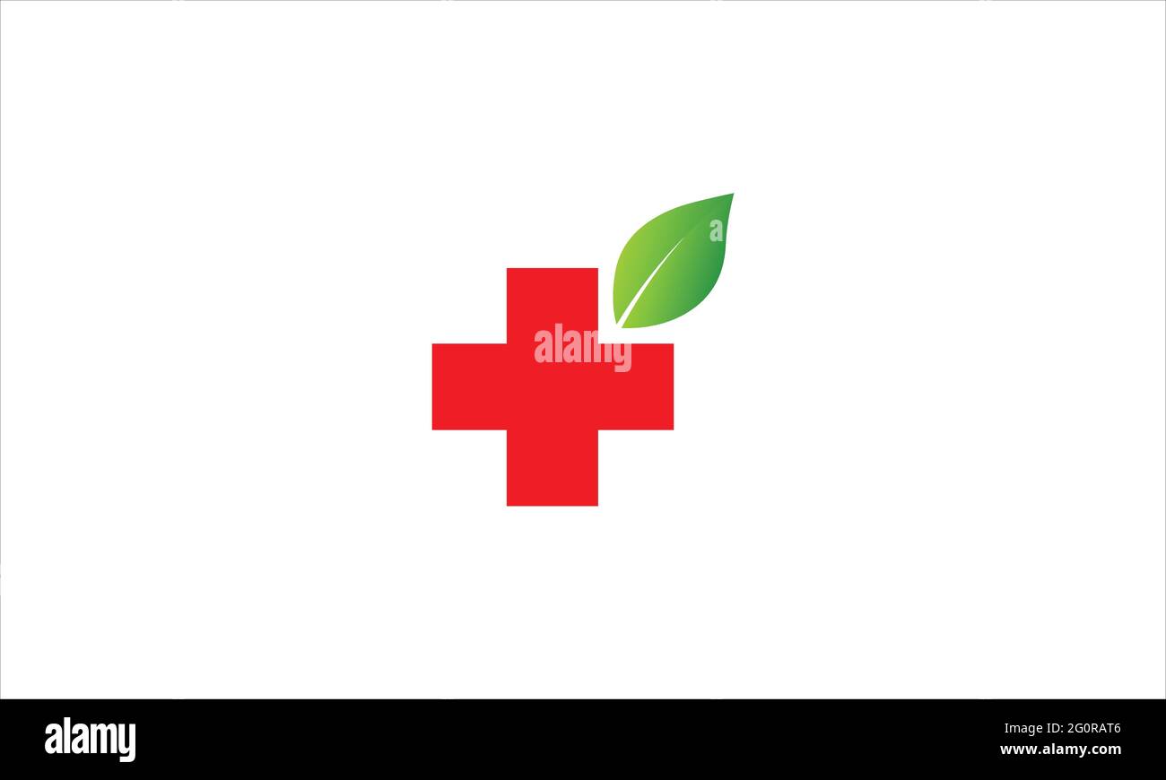 Semplice vettore di disegno rosso croce medica con disegno del logo della foglia di natura Illustrazione Vettoriale