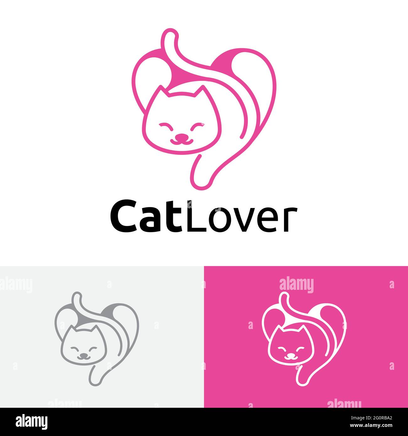 Carino Kitten Cat Lover Heart Shape Abstract Animal Logo Illustrazione Vettoriale