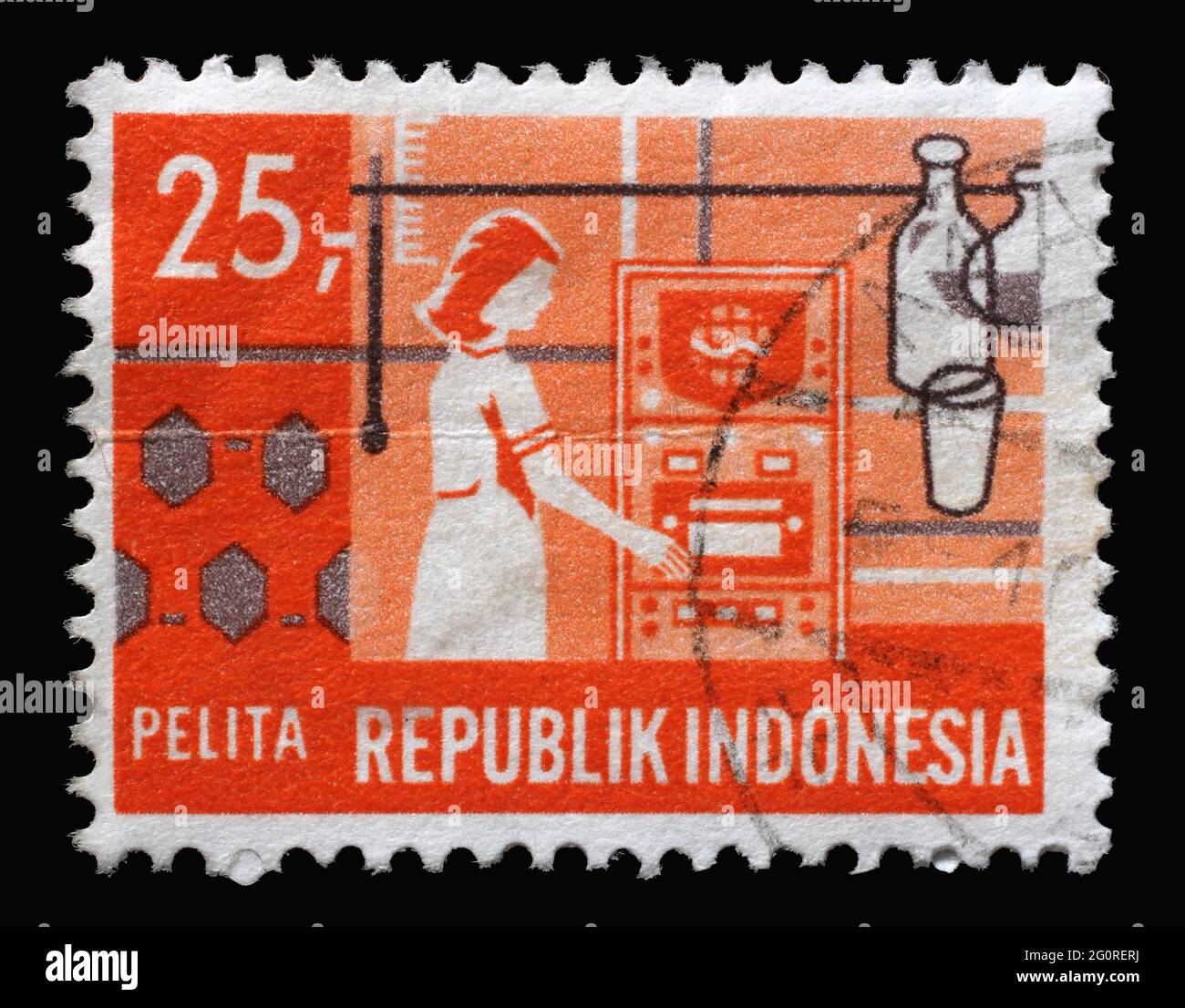 Il francobollo stampato in Indonesia mostra il lavoratore di ricerca ("Ricerca scientifica"), serie di piani di sviluppo quinquennale, circa 1969 Foto Stock