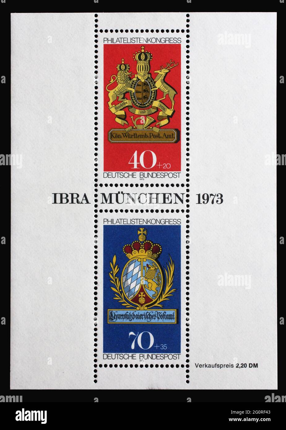 Un timbro stampato in Germania riporta il segno postale del Regno di Württemberg e del Palatinato elettorale Baviera, Stamp Exhibition IBRA a Munchen, ci Foto Stock