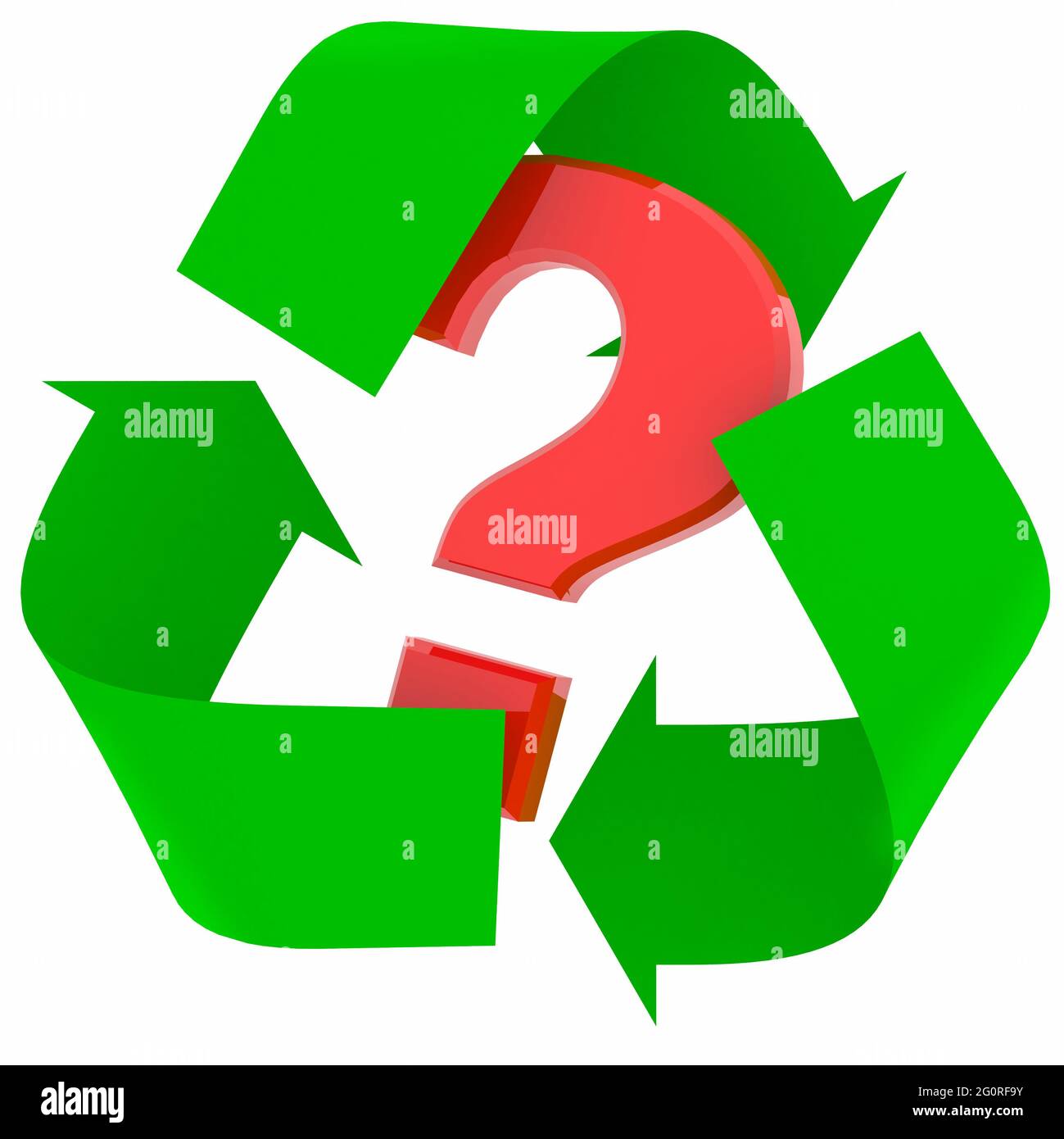 simbolo di riciclo verde con punto interrogativo rosso all'interno, illustrazione 3d Foto Stock