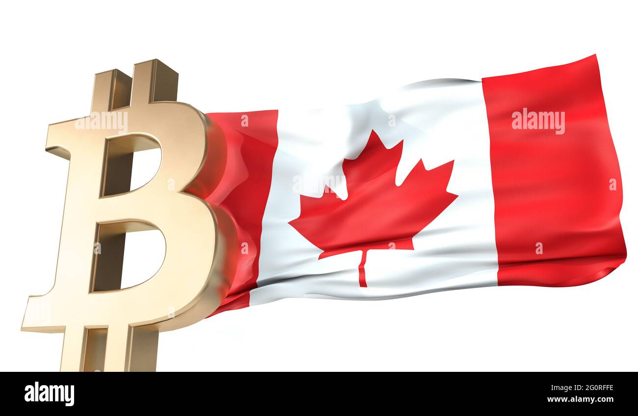 Criptovaluta in oro con bitronina e bandiera canadese sventolante. Rendering 3D Foto Stock