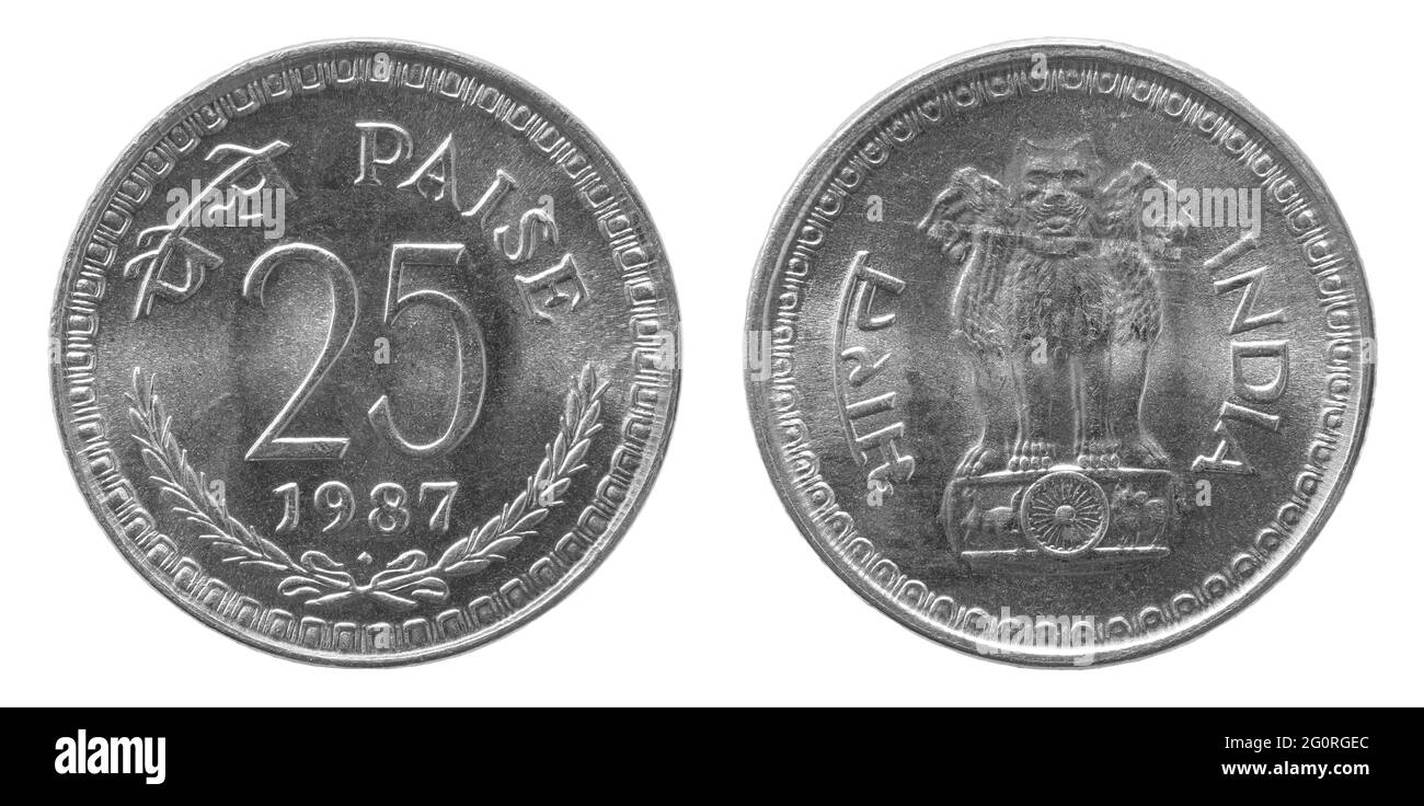 Obverse e reverse di 1987 25 paise cupronickel moneta indiana isolato su sfondo bianco Foto Stock