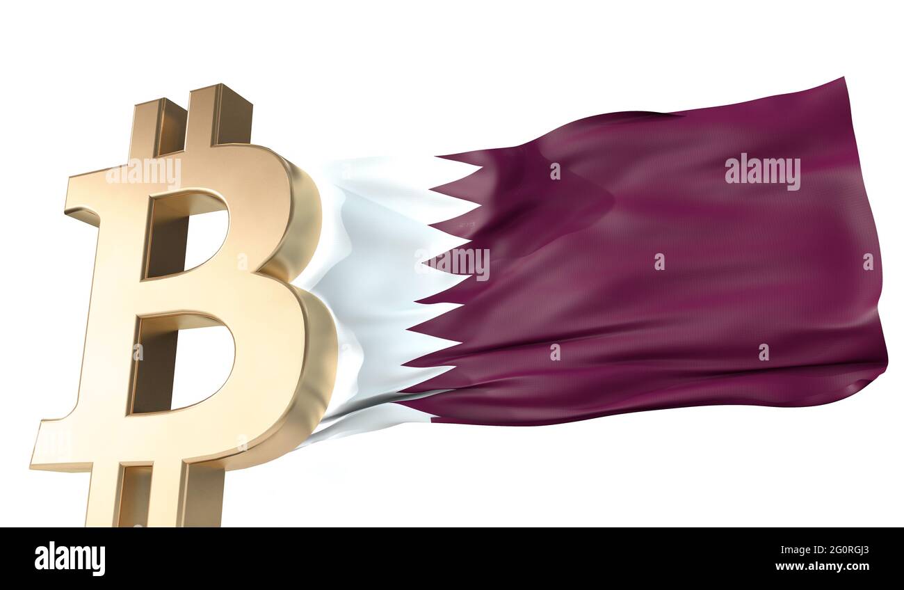 Criptovaluta bitcoin oro con bandiera Qatar sventolante. Rendering 3D Foto Stock