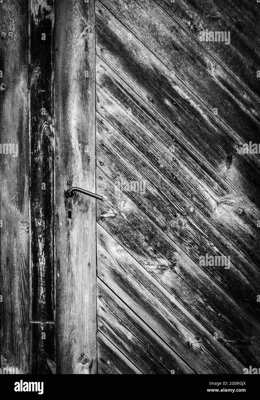 Porta in legno molto vecchia con maniglia in metallo e quasi nessuna vernice, immagine in bianco e nero Foto Stock
