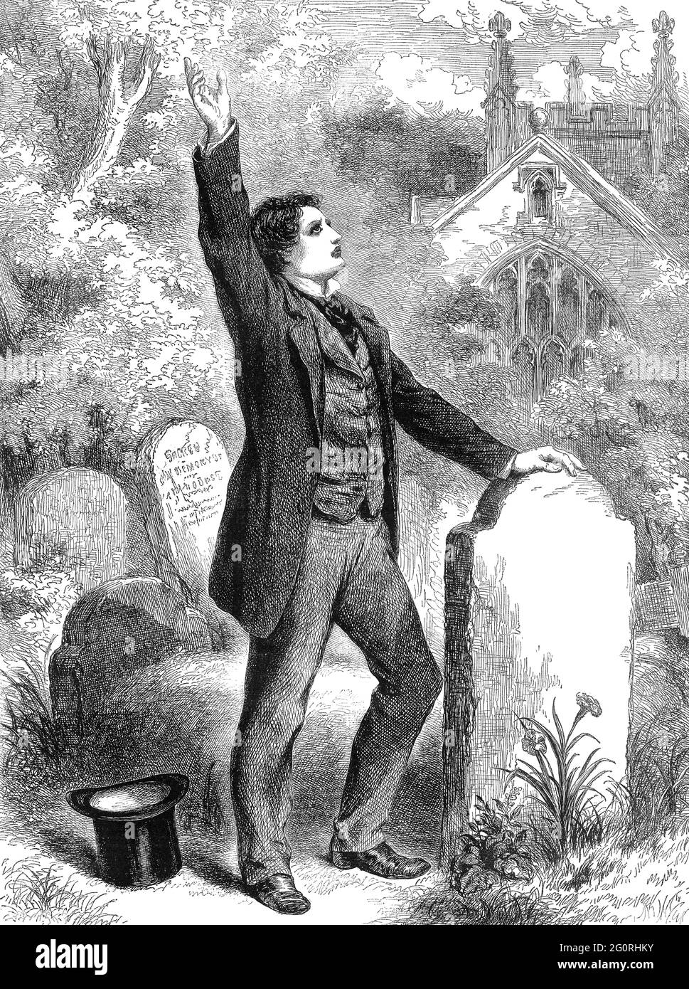 Un'illustrazione vintage incisa di un uomo vittoriano in un cimitero a un funerale, lutto nel dolore, da un giornale vittoriano datato 1863 che è l Foto Stock