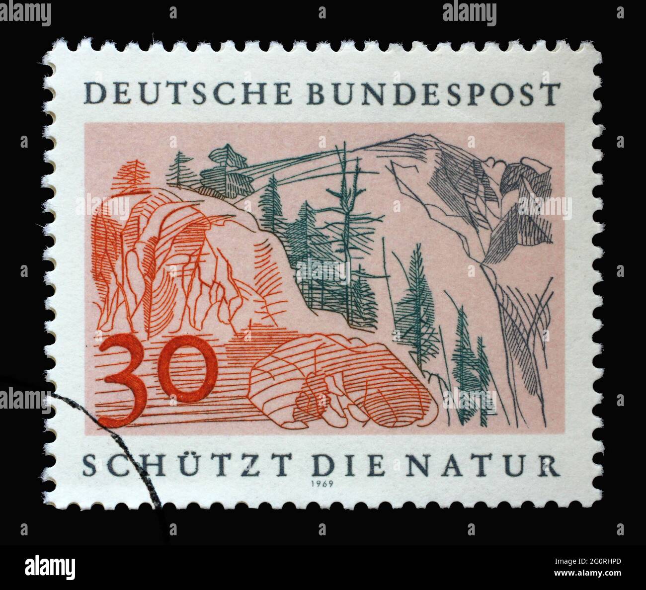 Francobollo stampato in Germania che mostra un paesaggio: Alta montagna, anno di conservazione della natura europea, circa 1969 Foto Stock