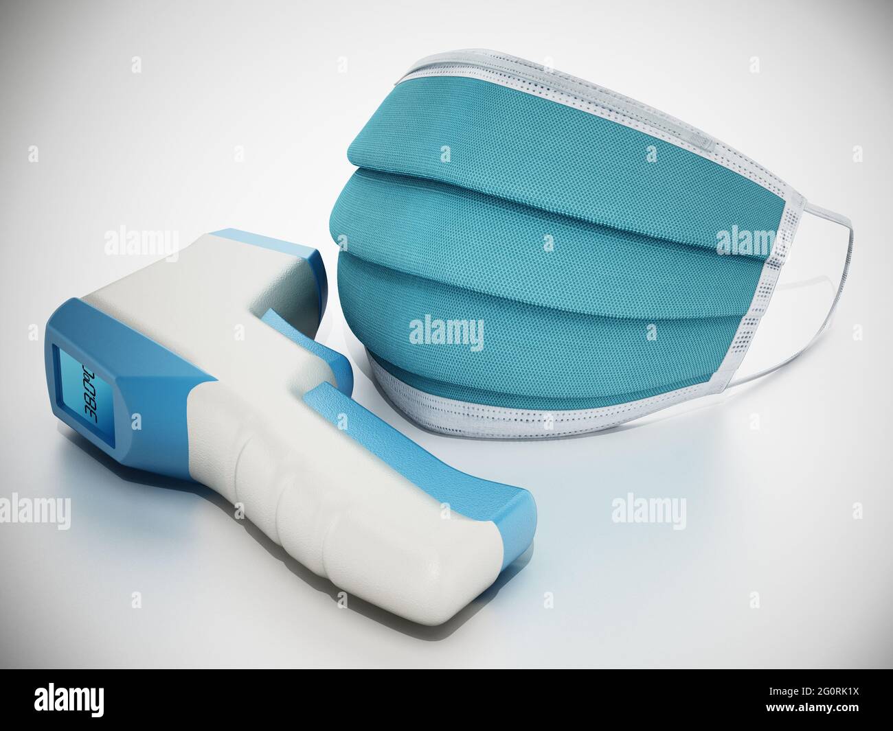 Maschera facciale monouso e termometro digitale. Illustrazione 3D. Foto Stock