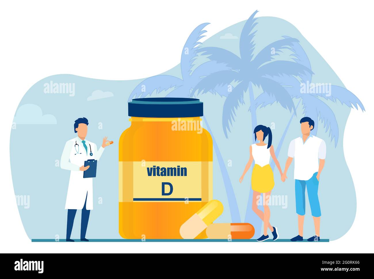Vettore di un medico che consiglia integratori di vitamina D ad una giovane coppia Illustrazione Vettoriale