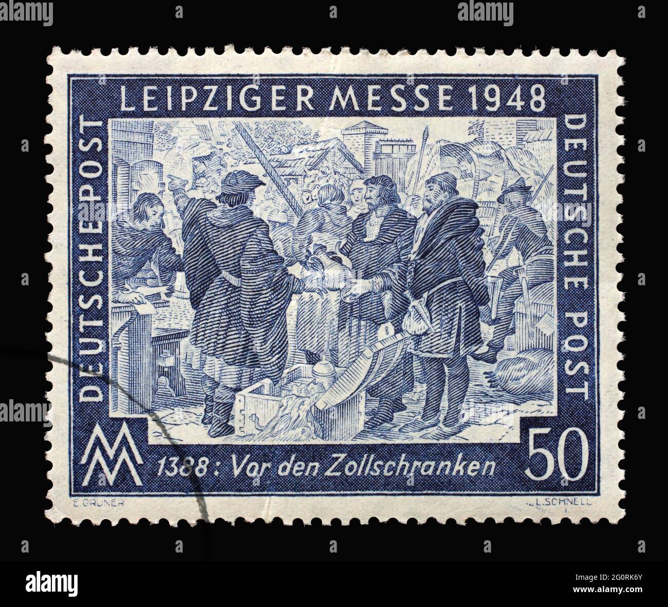 Francobollo stampato in Germania, l'occupazione americana-britannica-sovietica (Tridone) mostra il mercato di Lipsia, circa 1948 Foto Stock