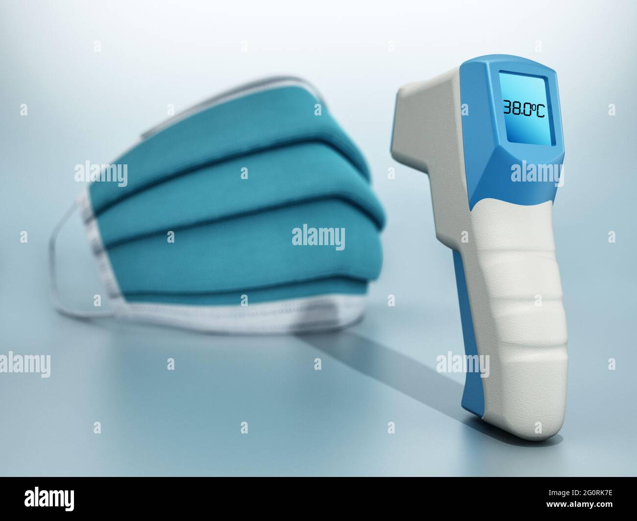 Maschera facciale monouso e termometro digitale. Illustrazione 3D. Foto Stock