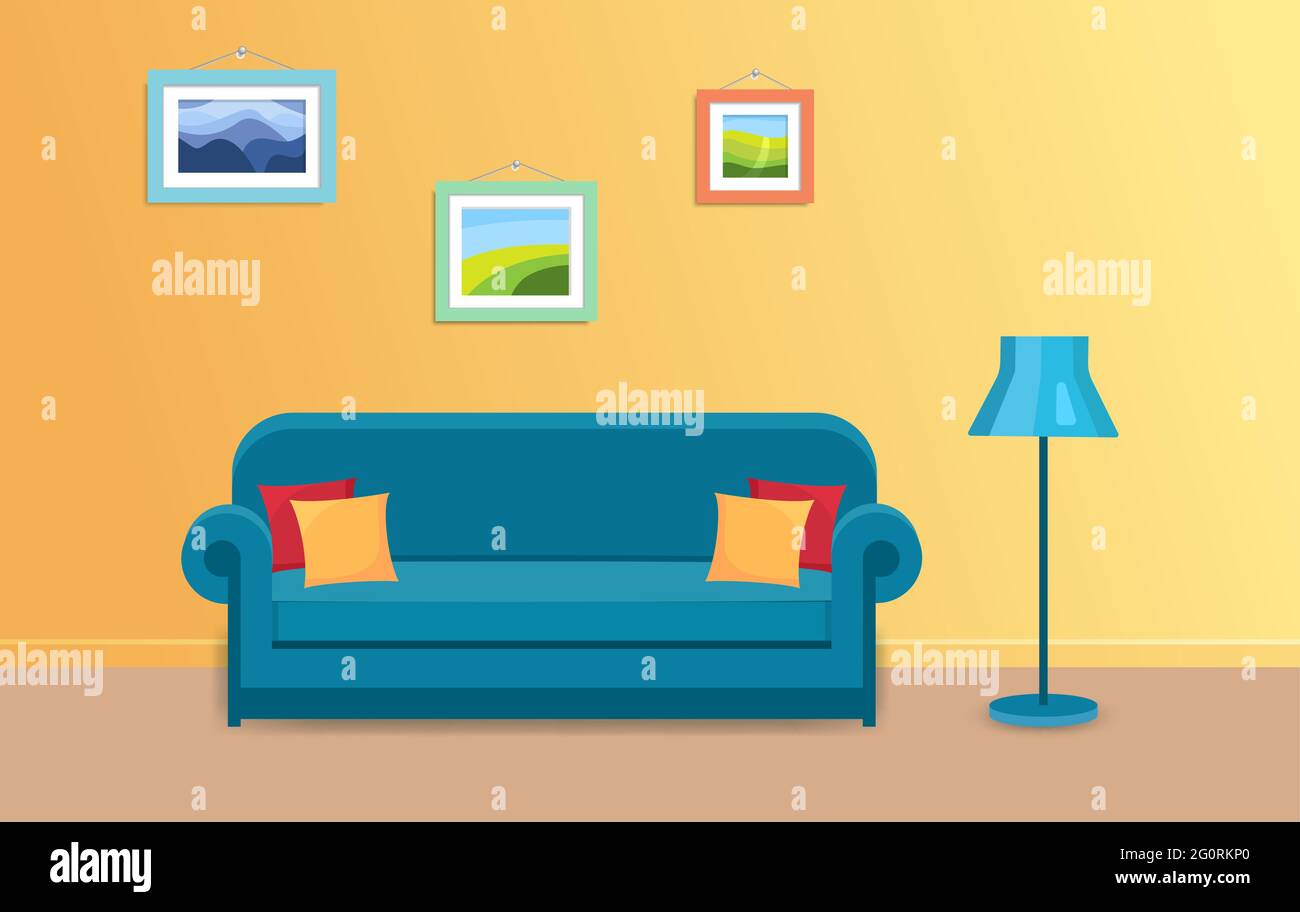 Concetto di casa accogliente. Soggiorno con divano, lampada e dipinti Illustrazione Vettoriale