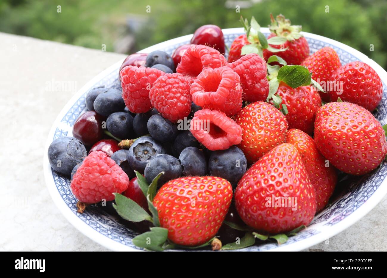 Primo piano di frutta fresca e bacche alla luce del giorno Foto Stock