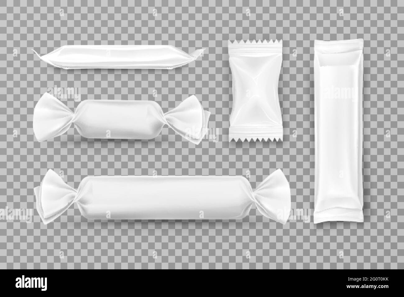 Confezione in polietilene bianco per la produzione di caramelle al caramello, barrette di cioccolato, spuntini alimentari e dolci a bustina. Involucri caramelle set mockup isolato su sfondo trasparente. Elementi di progettazione della produzione. Illustrazione Vettoriale