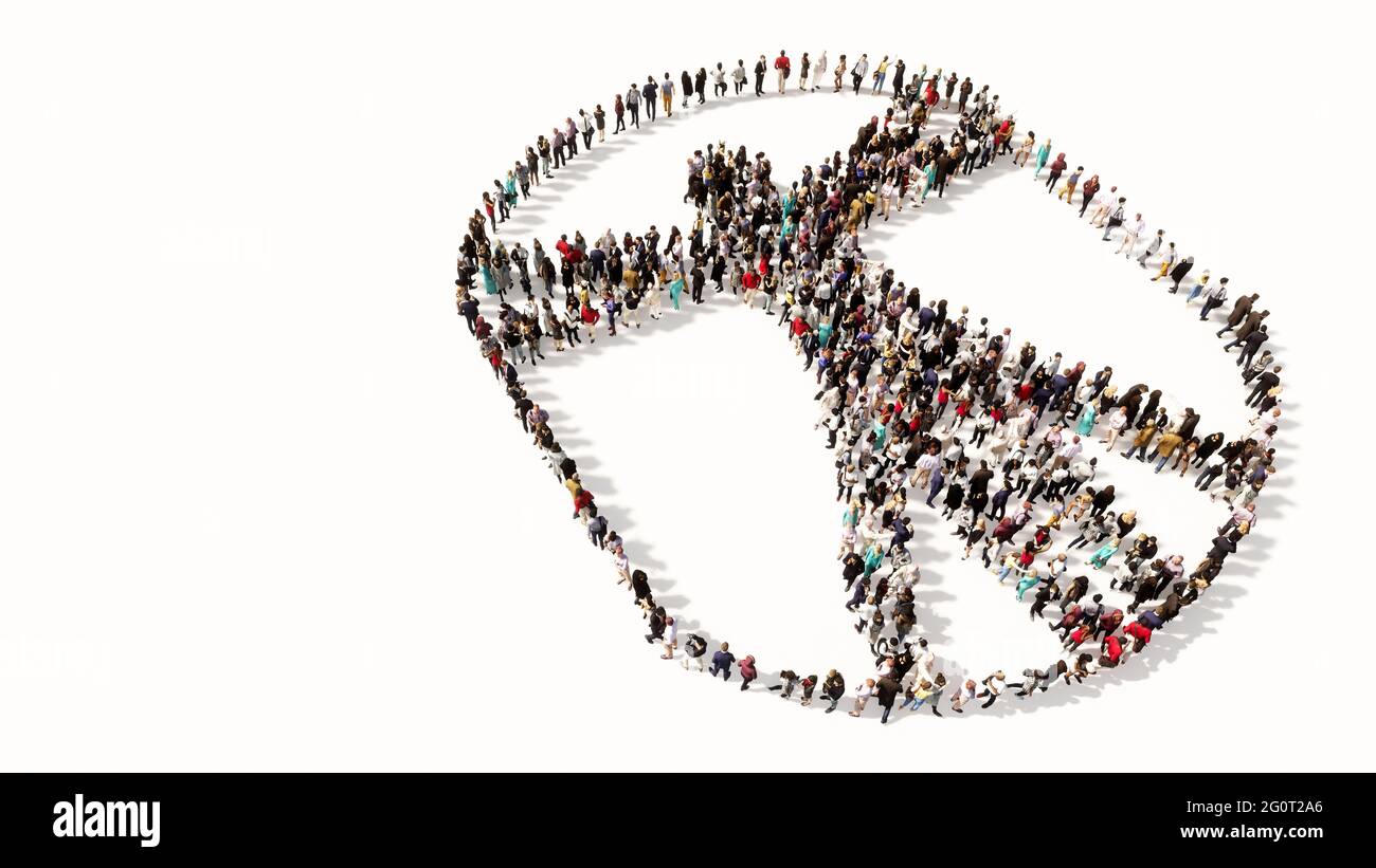 Concetto o concettuale grande incontro di persone che formano un'immagine dell'uomo vitruvio su sfondo bianco. Foto Stock