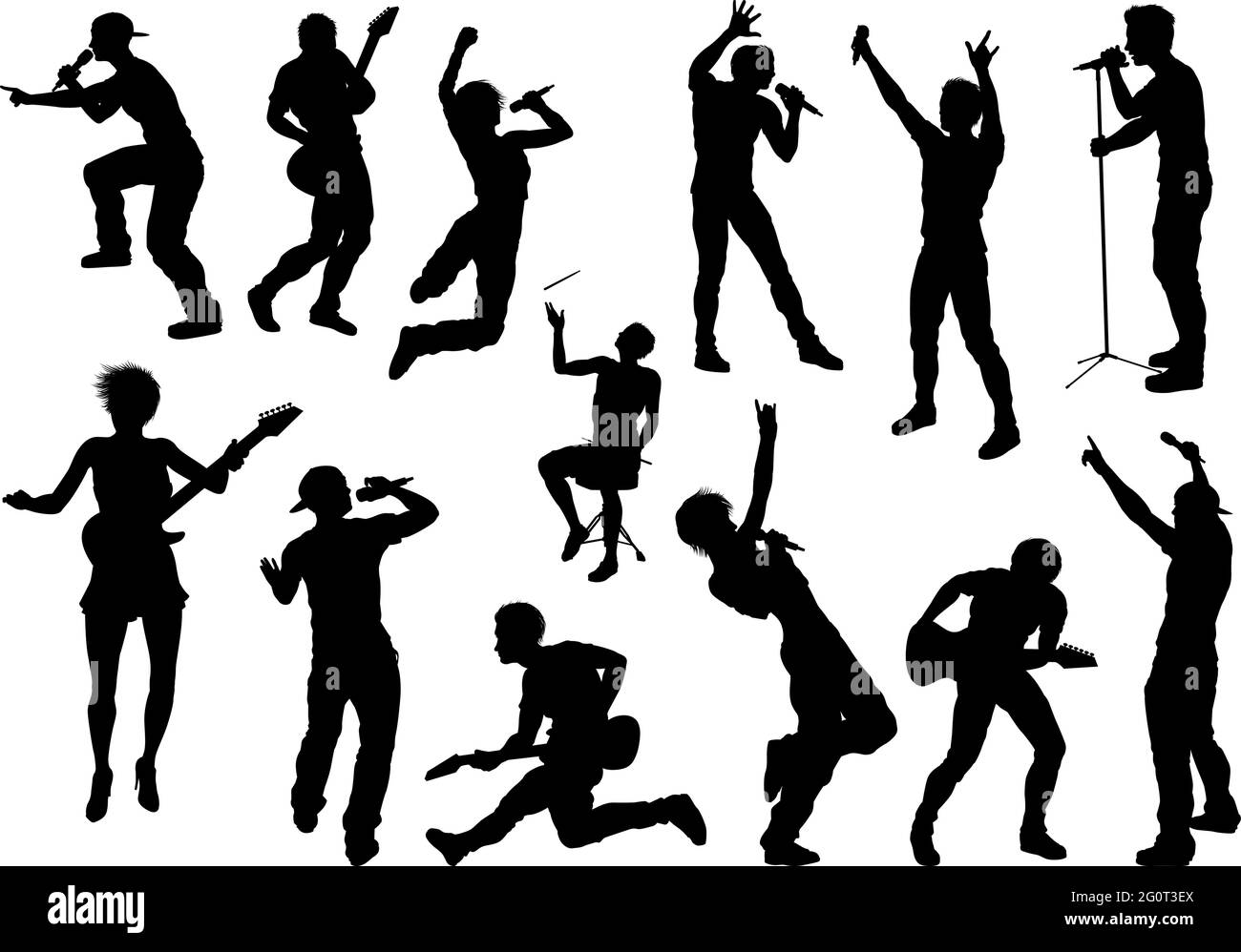 Pop Rock Band o Hiphop musicisti Silhouette Illustrazione Vettoriale