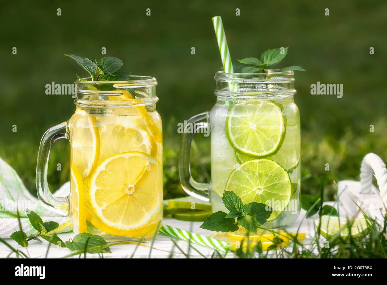 Fresca e rinfrescante limonata fatta in casa con menta, limone e lime in vasi di muratore su un prato estivo. Foto Stock