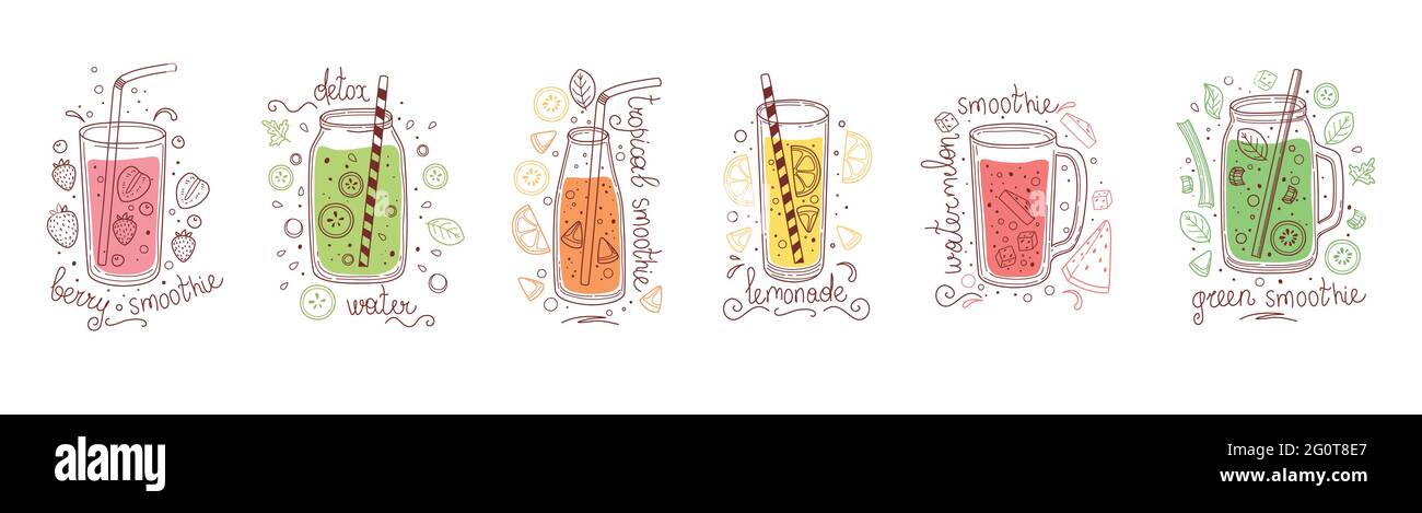 Set di bevande detox, frullati di frutta, limonate biologiche in bottiglie di vetro, vasi e caraffe con cannucce. Rinfrescanti bevande estive fatte in casa. Colorato Illustrazione Vettoriale