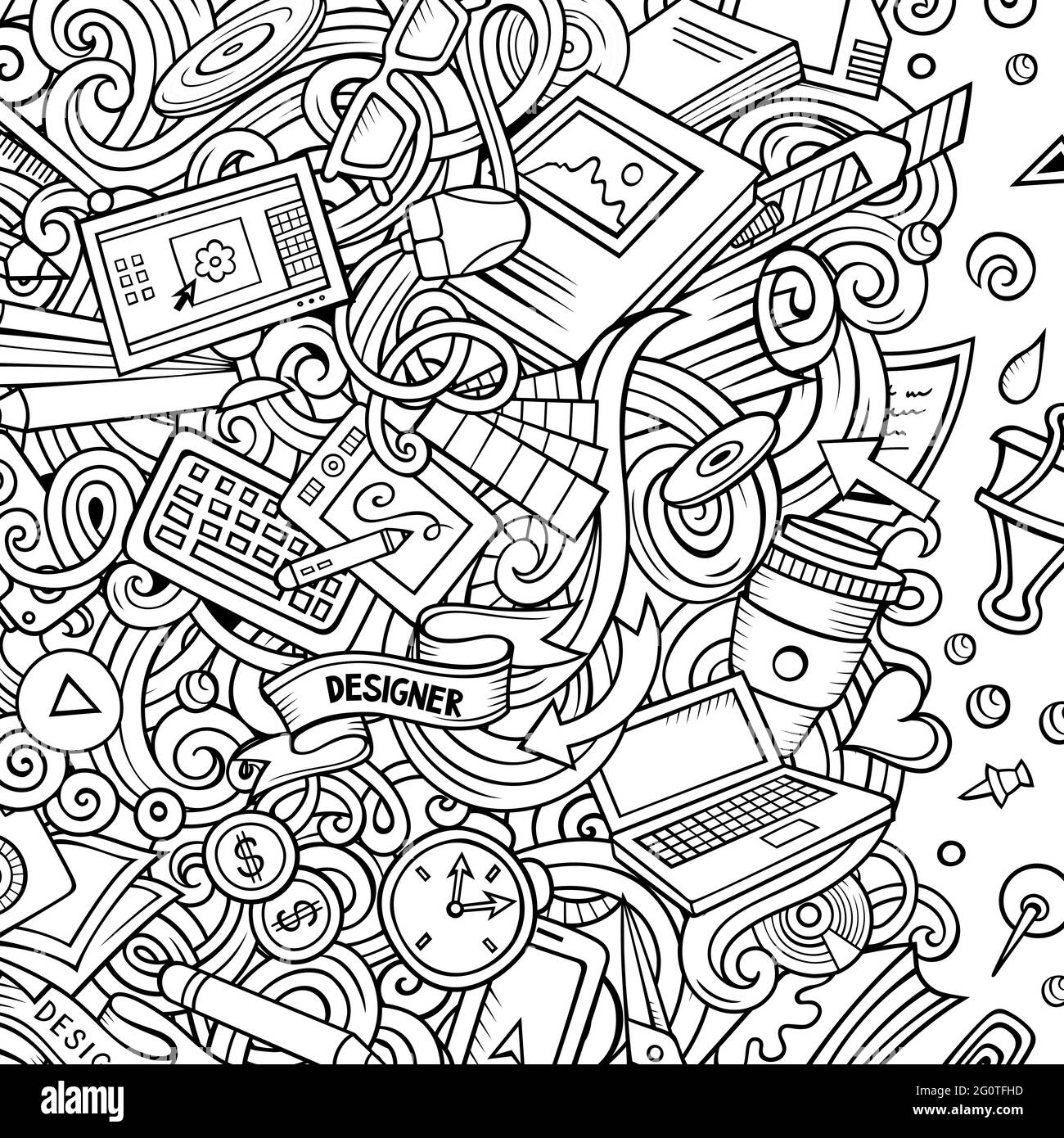 Cartoon vettore doodles scheda di disegno. Schizzo dettagliato, con molte illustrazioni di oggetti. Tutti gli elementi sono separati. Artistico bordo divertente. Illustrazione Vettoriale