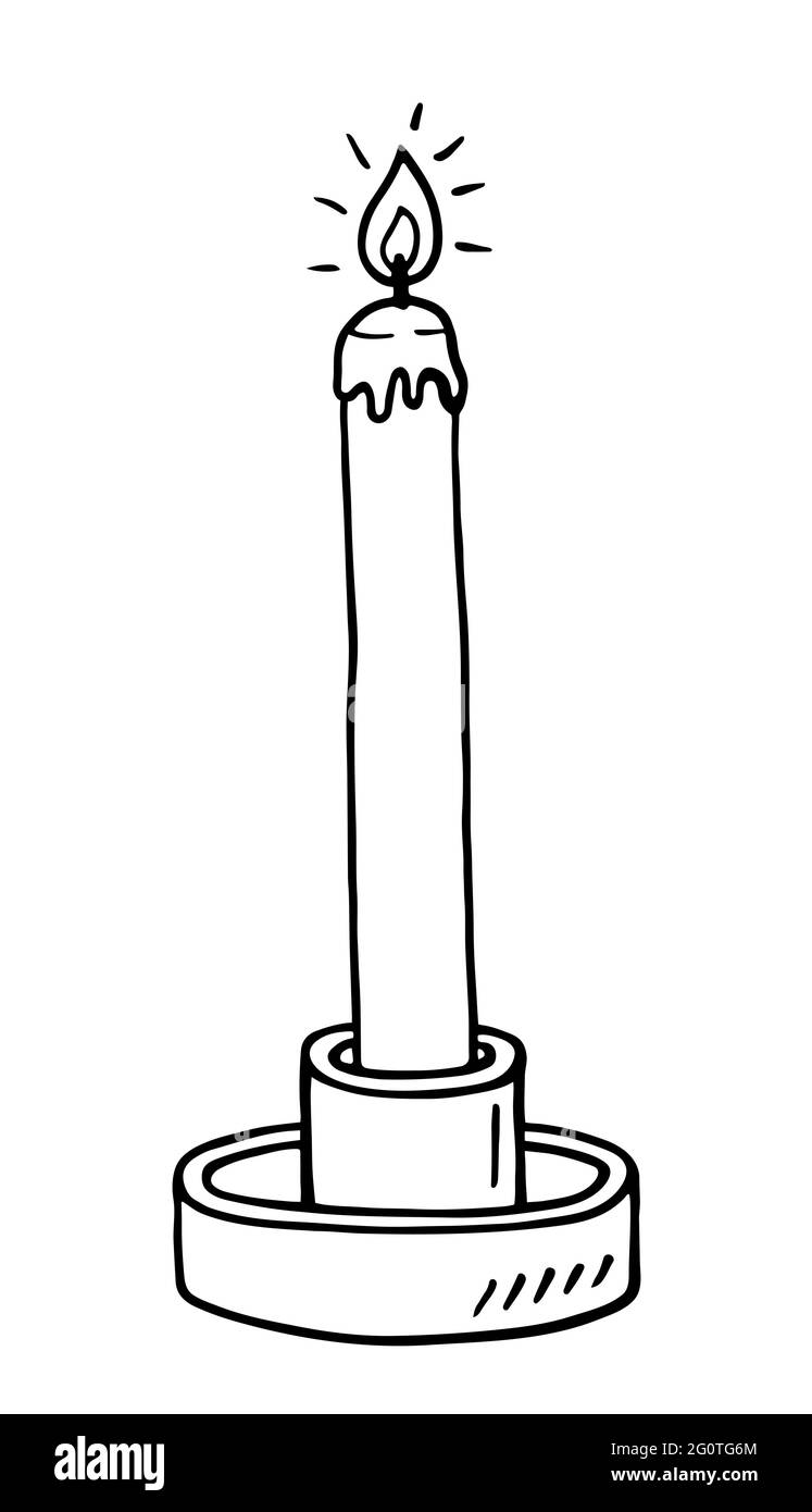 Candela lunga e sottile che brucia con cera gocciolante in un candelabro isolato su sfondo bianco. Illustrazione vettoriale disegnata a mano in stile doodle. Adatto per carte, logo, decorazioni. Illustrazione Vettoriale