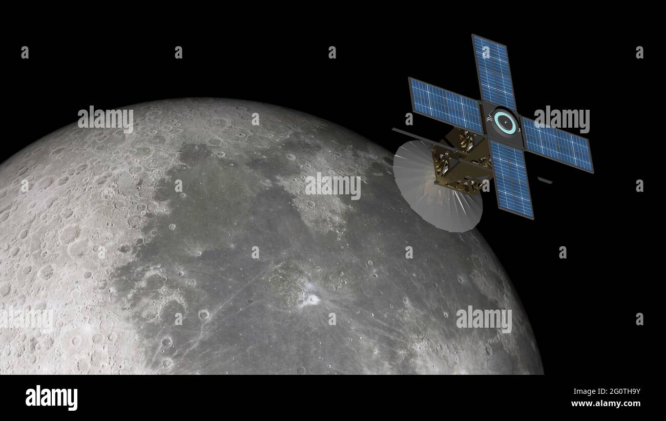 satellite orbitante luna con cielo scuro - rendering 3D Foto Stock