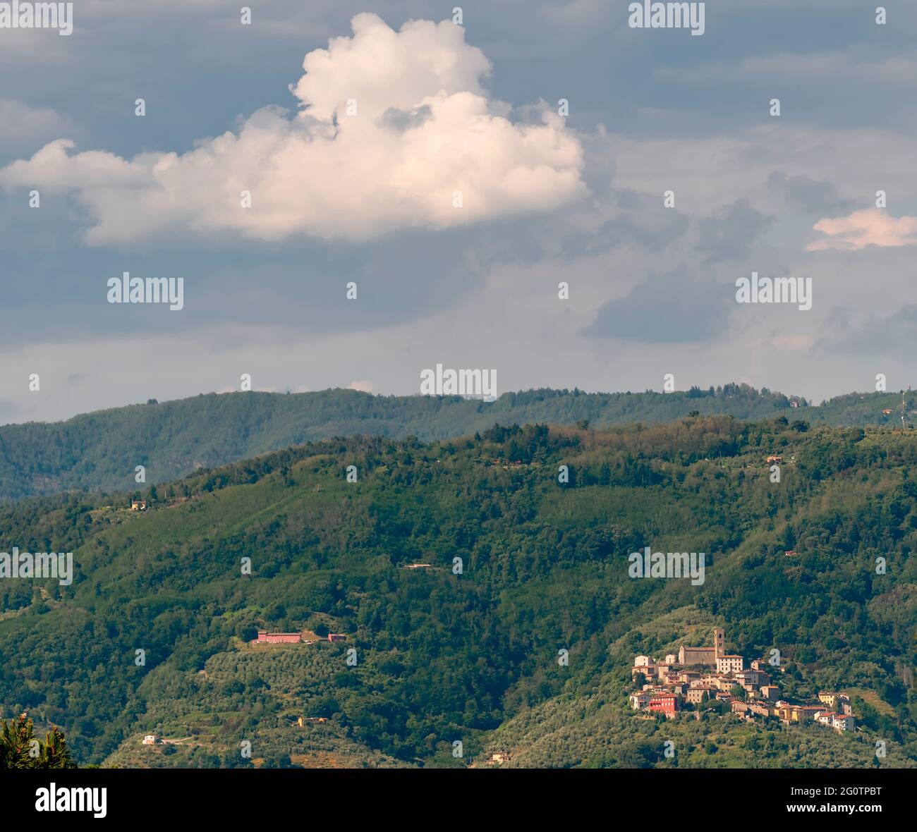 Bella vista panoramica del borgo medievale di Uzzano Castello, Pistoia, Italia, vista da Montecarlo di Lucca Foto Stock