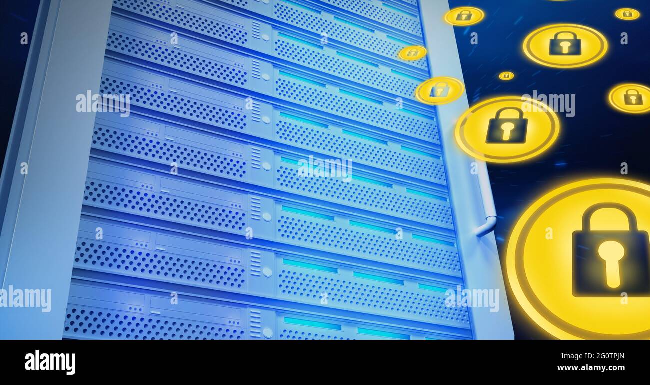Composizione delle icone di lucchetto di sicurezza online sul server del computer Foto Stock