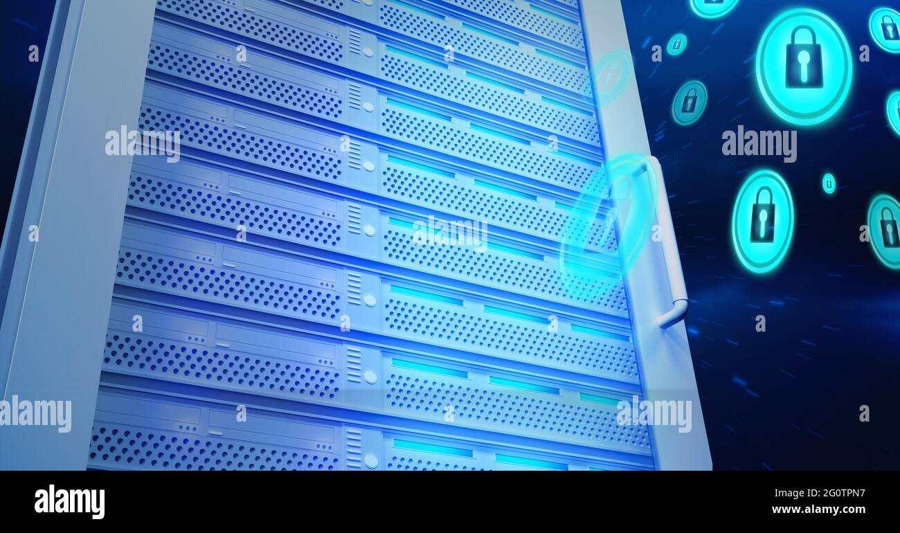 Composizione delle icone di lucchetto di sicurezza online sul server del computer Foto Stock