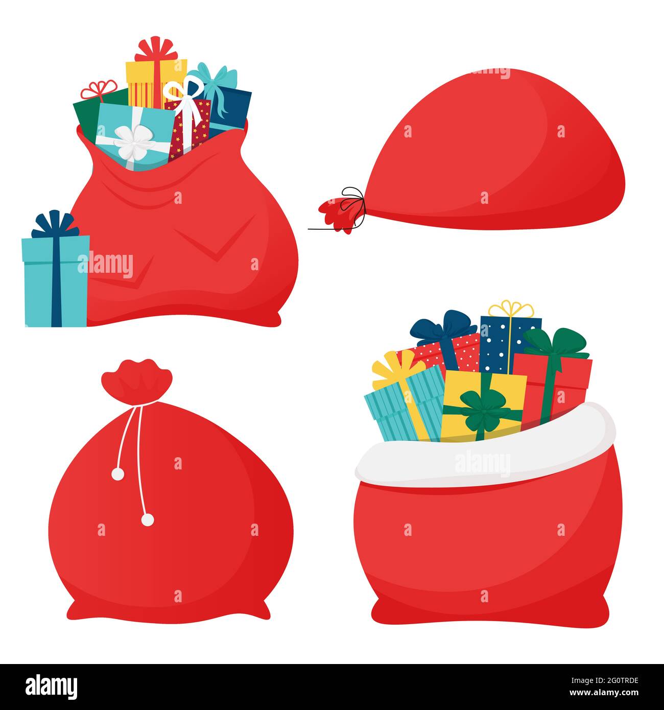 Borse Babbo Natale con confezioni regalo, regalo. Elemento decorativo natalizio. Illustrazione vettoriale in stile piatto Illustrazione Vettoriale