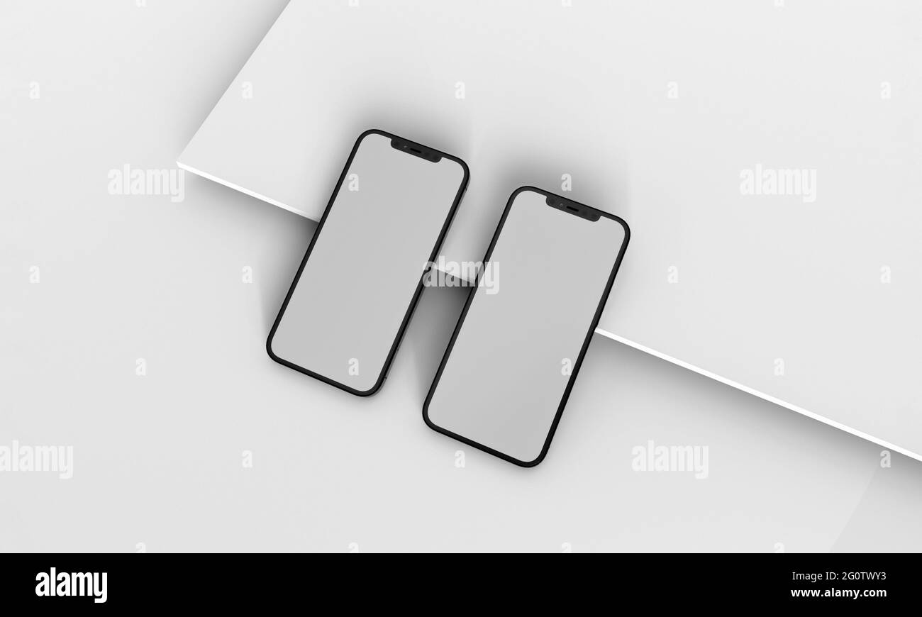 Immagine di rendering 3d generico telefono mock up in un design bianco alto chiave iPhone Foto Stock